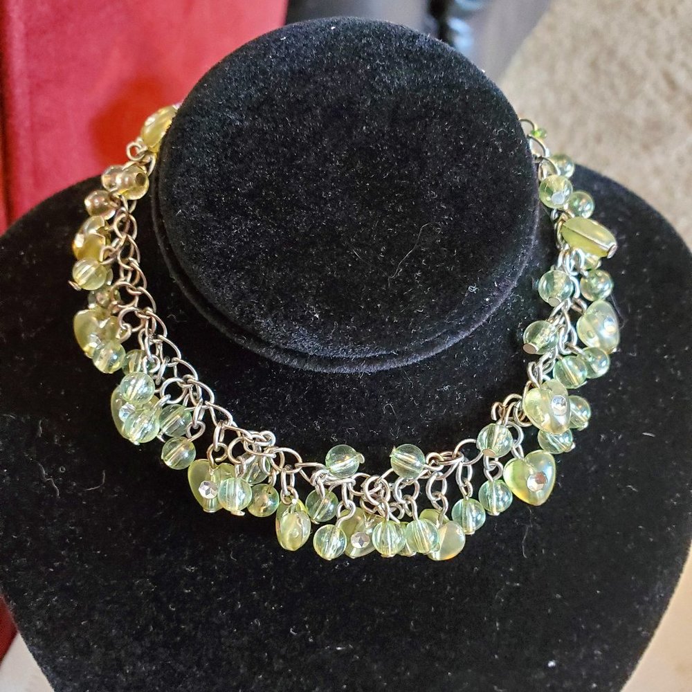 8" Silver Tone Green Plastic Beaded Chain Bracelet